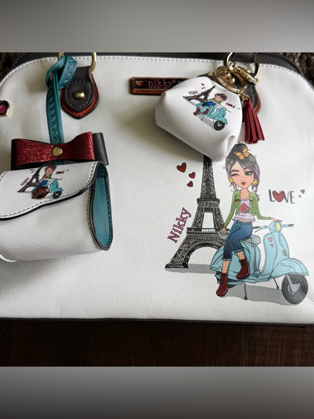 NIKKY by NICOLE LEE White Paris Illustration Satchel Bag NEW w/ Purse Charms - Picture 15 of 16